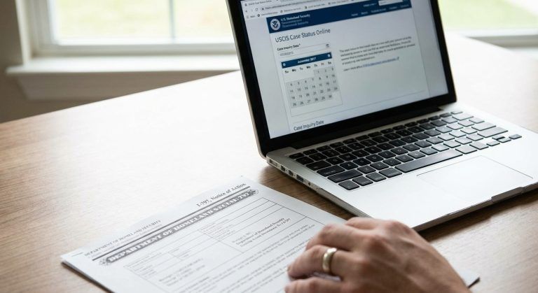 A USCIS receipt notice beside a laptop showing the service request portal.