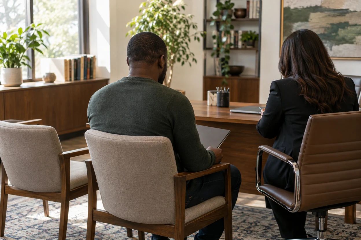 A man speaks with a professional in an office while holding an unmarked folder.