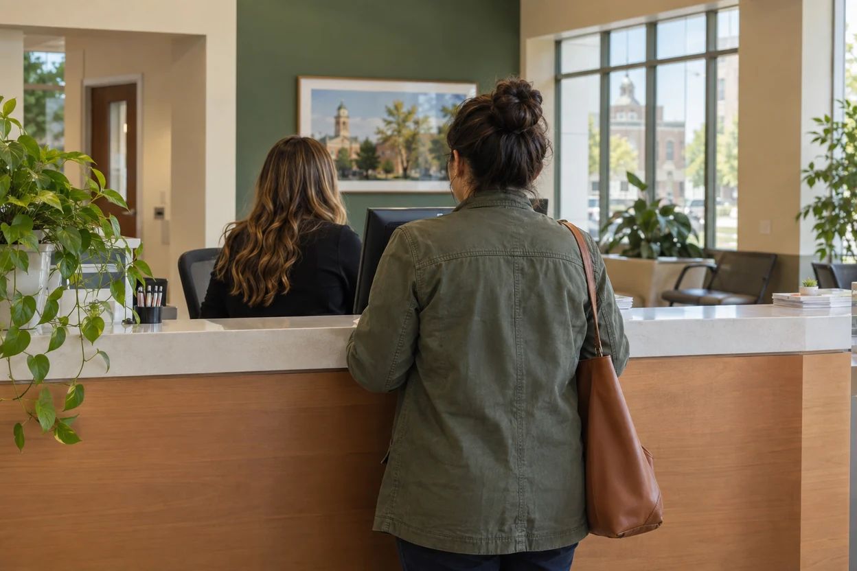 A person speaks with a receptionist at a community service counter.