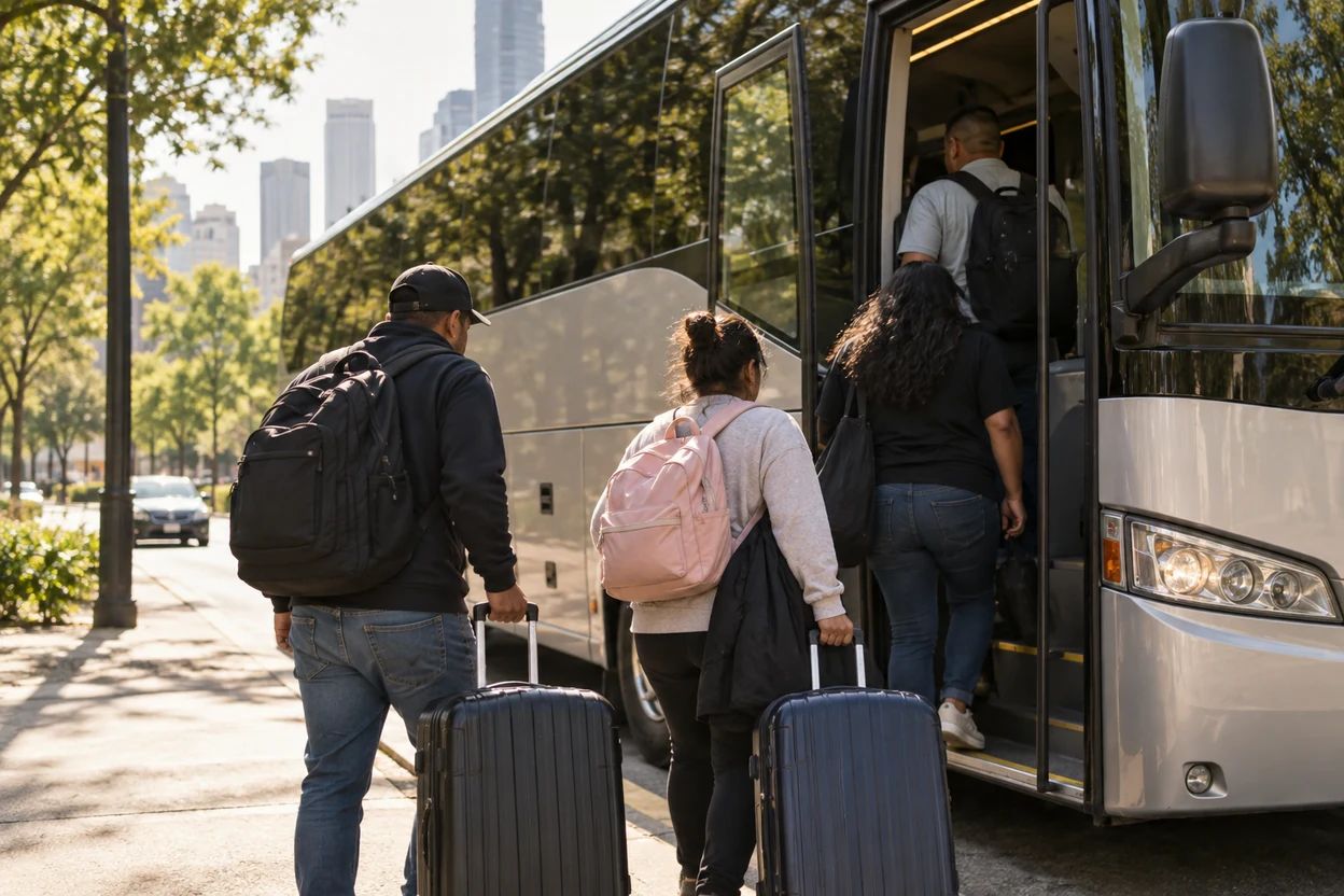 Travelers seen from behind carry suitcases toward a bus at the curb.