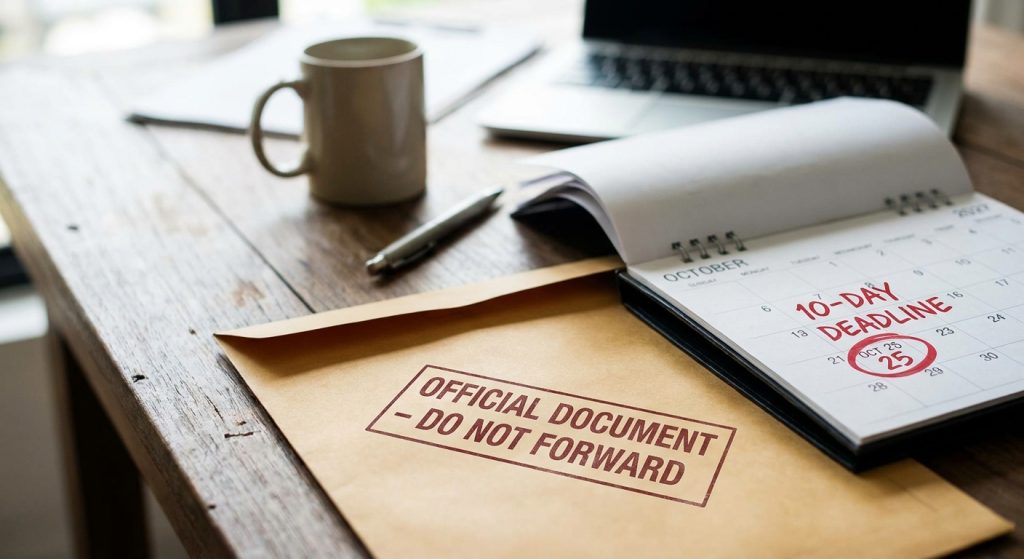 Una imagen fotorrealista de un sobre de correo marcado como No reenviar junto a un calendario, que ilustra la fecha límite para un cambio de dirección de USCIS después de mudarse.