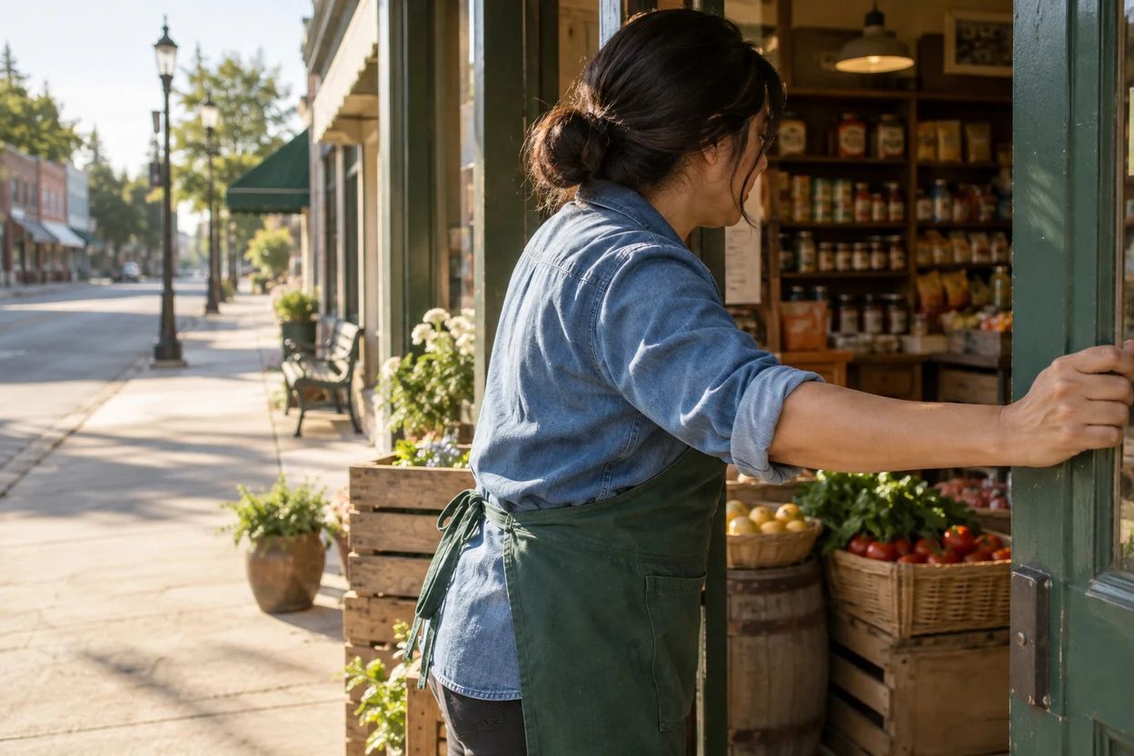 A worker opens a small shop on a quiet street.