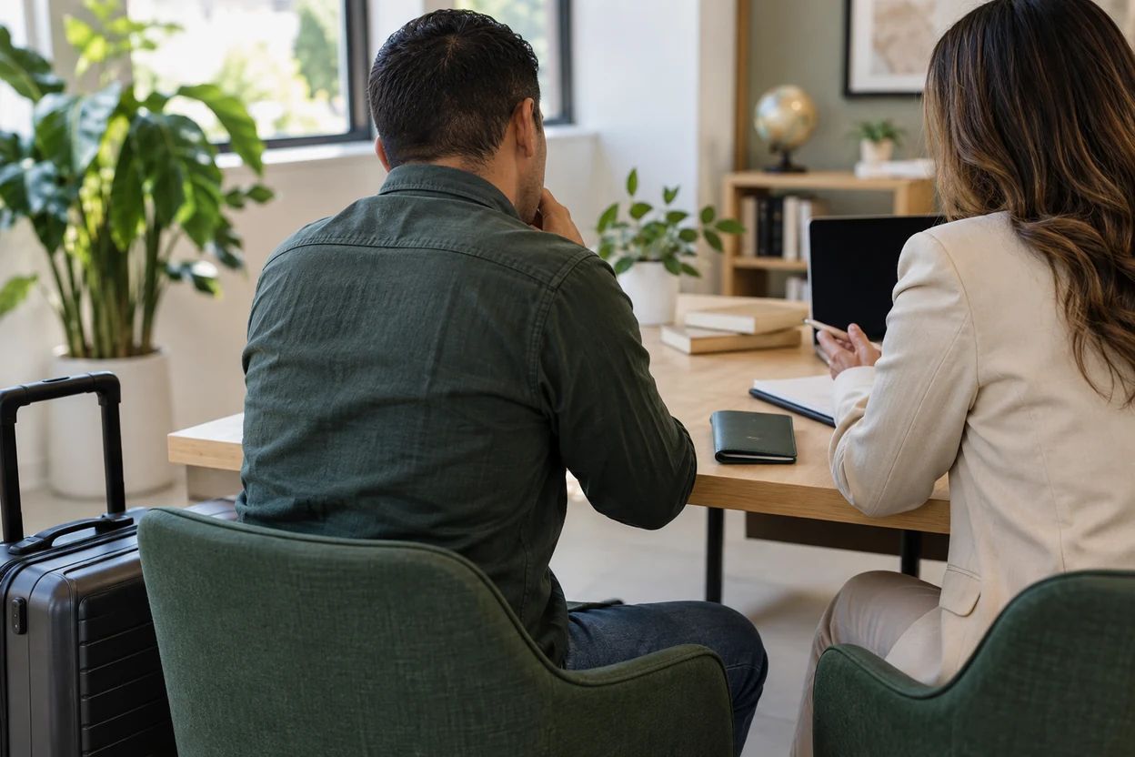 A person speaks with an adviser beside a suitcase and a closed wallet.