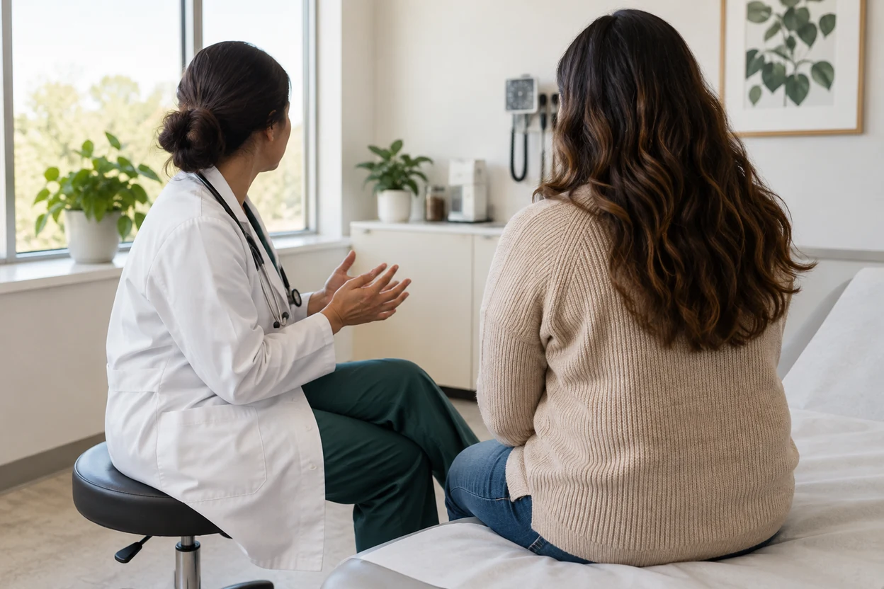 Una médica conversa con una paciente en un consultorio de luz natural.