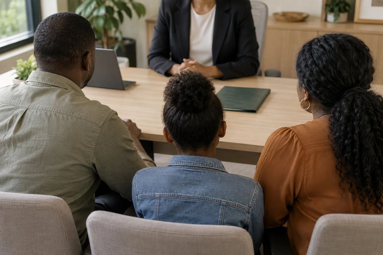 A family listens at an office table with a closed folder.