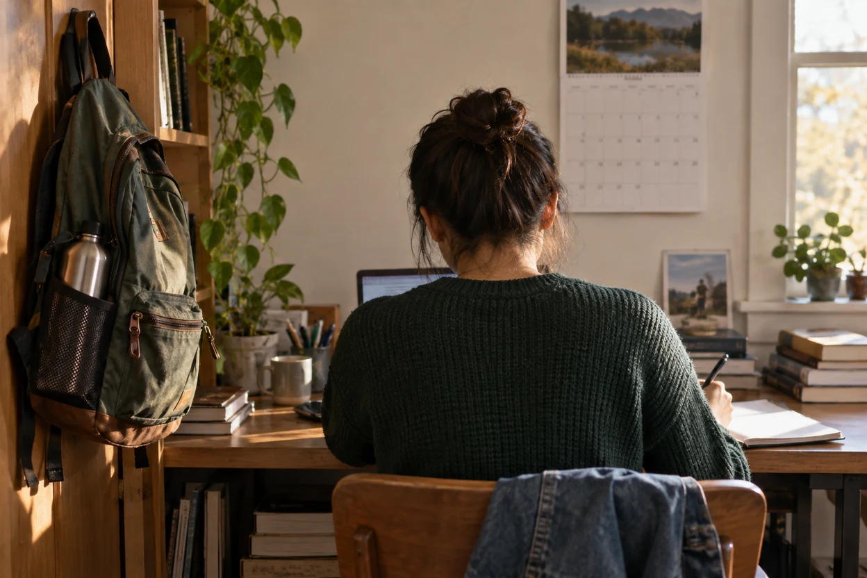 Una persona adulta estudia de espaldas en casa, junto a una mochila escolar y un calendario.