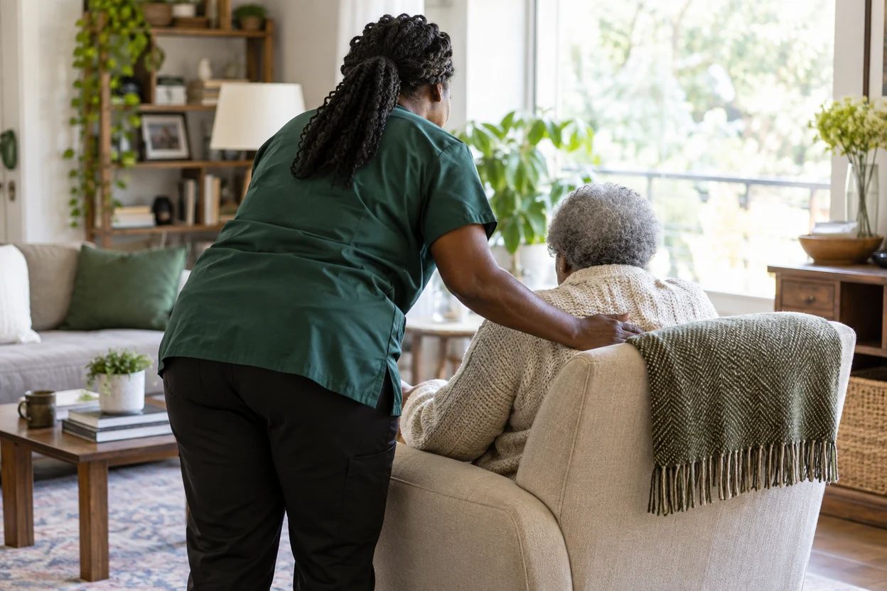 A caregiver helps an older adult settle into a chair at home.