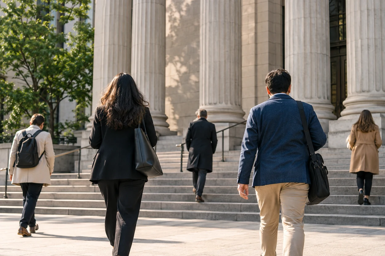 Personas pasan ante columnas de piedra de un edificio judicial.