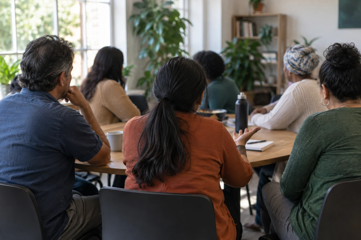 Personas de varias procedencias dialogan alrededor de una mesa comunitaria.