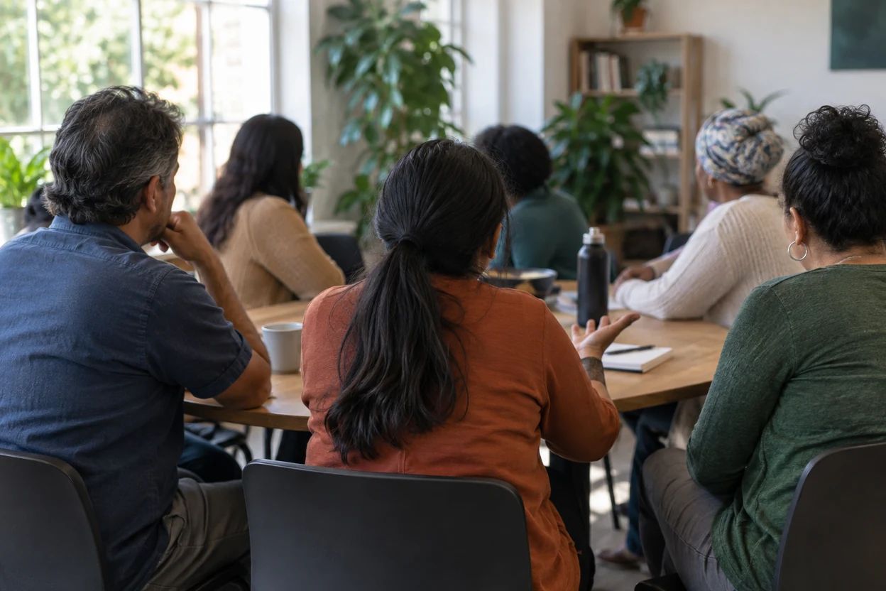 People from different backgrounds talk around a community table.