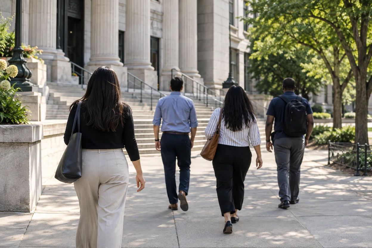 People walk toward a stone civic building.