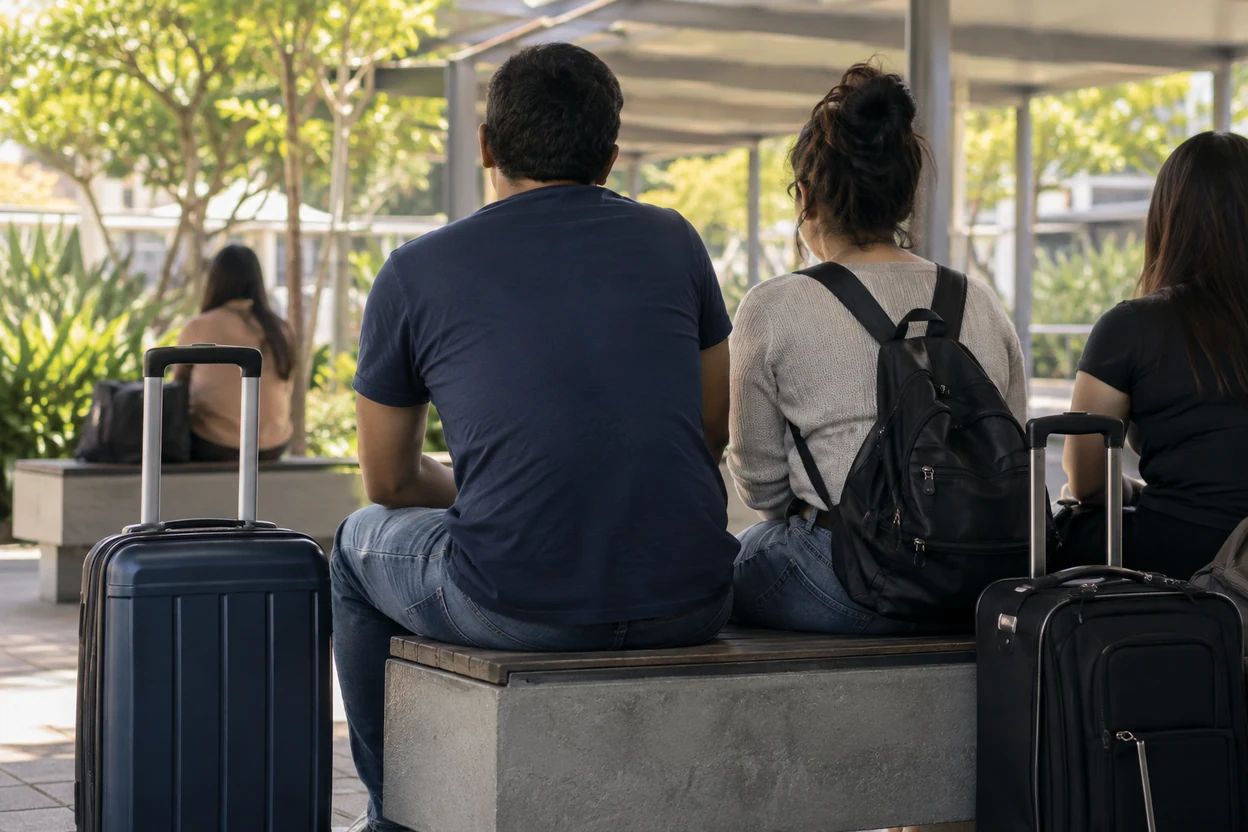Varias personas esperan sentadas con equipaje en un espacio público de tránsito.