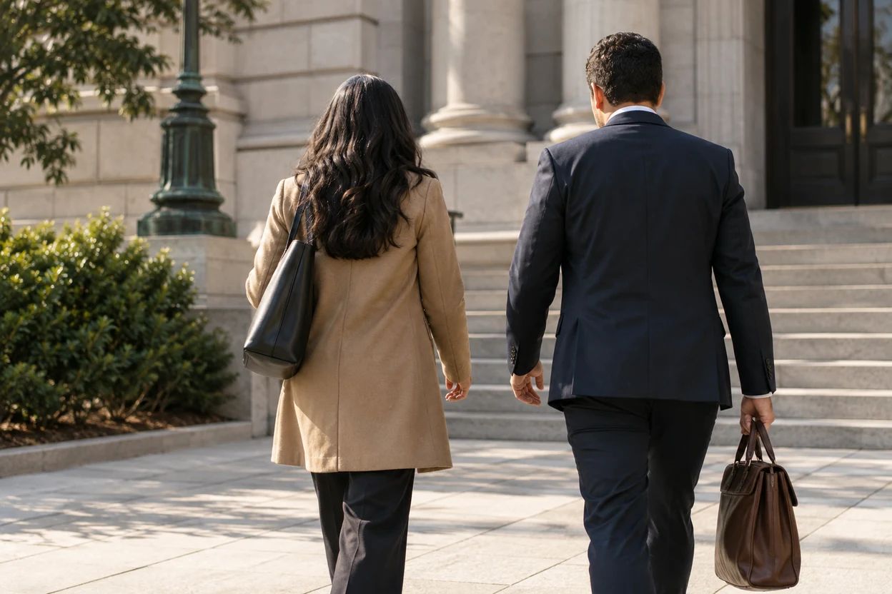 Two people walk beside the stone facade of a public building.