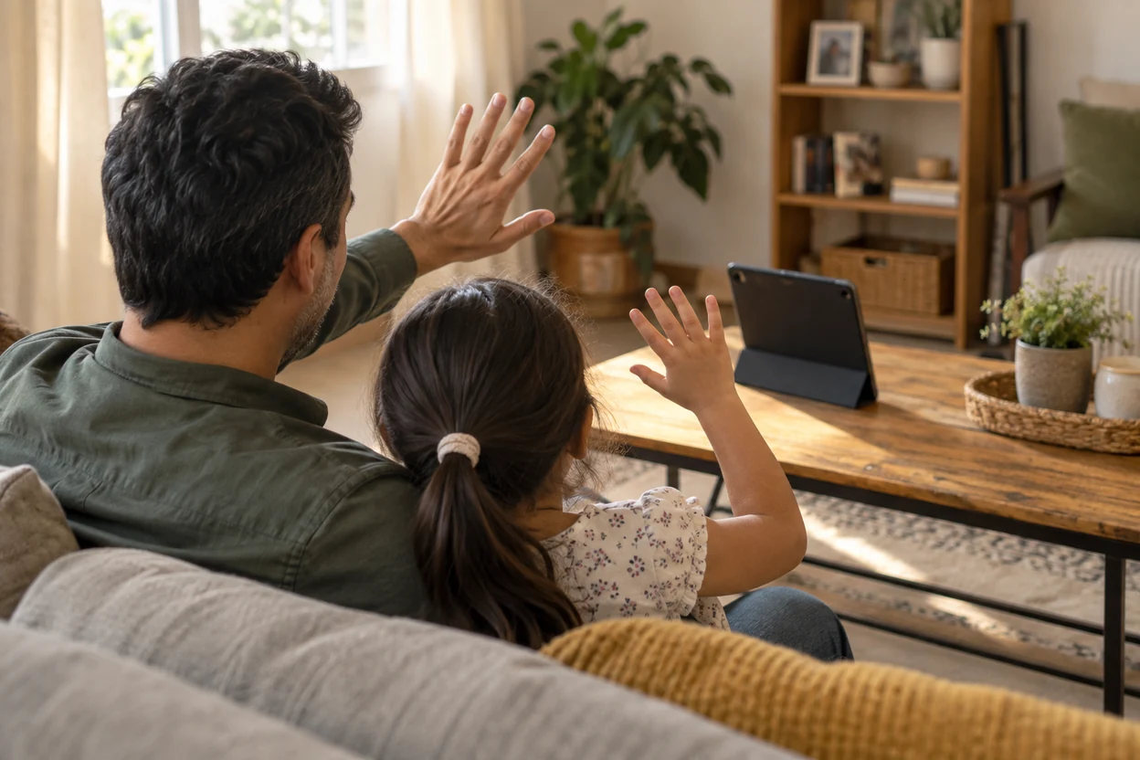 Un hombre y una niña saludan hacia una tableta desde el sofá de una casa.