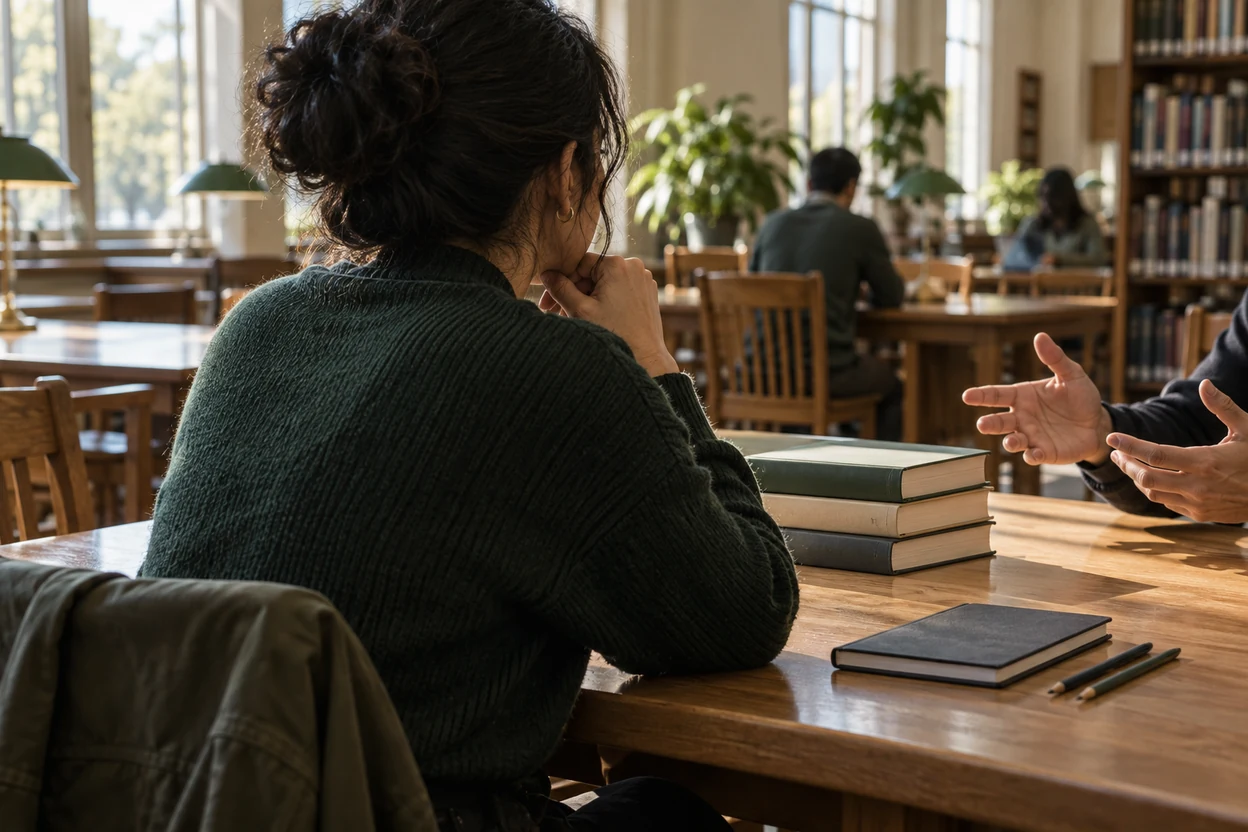 A researcher listens to a collaborator beside closed reference books in a public library.