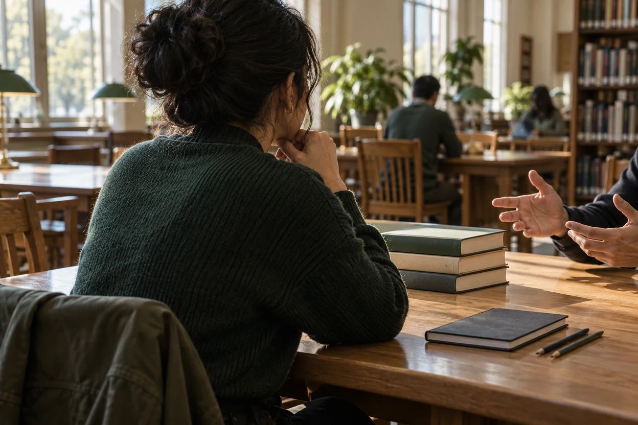 A researcher listens to a collaborator beside closed reference books in a public library.