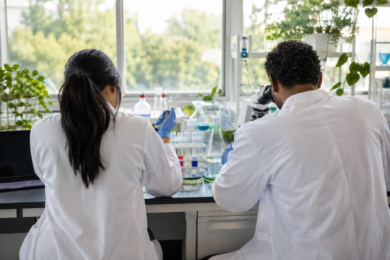 Investigadores trabajan juntos en un laboratorio luminoso.