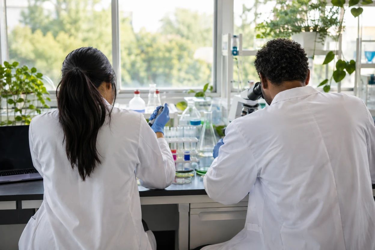 Researchers work together at a bright laboratory bench.