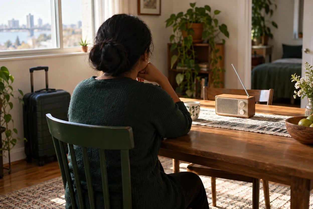 A woman listens to the radio at home beside a closed suitcase.