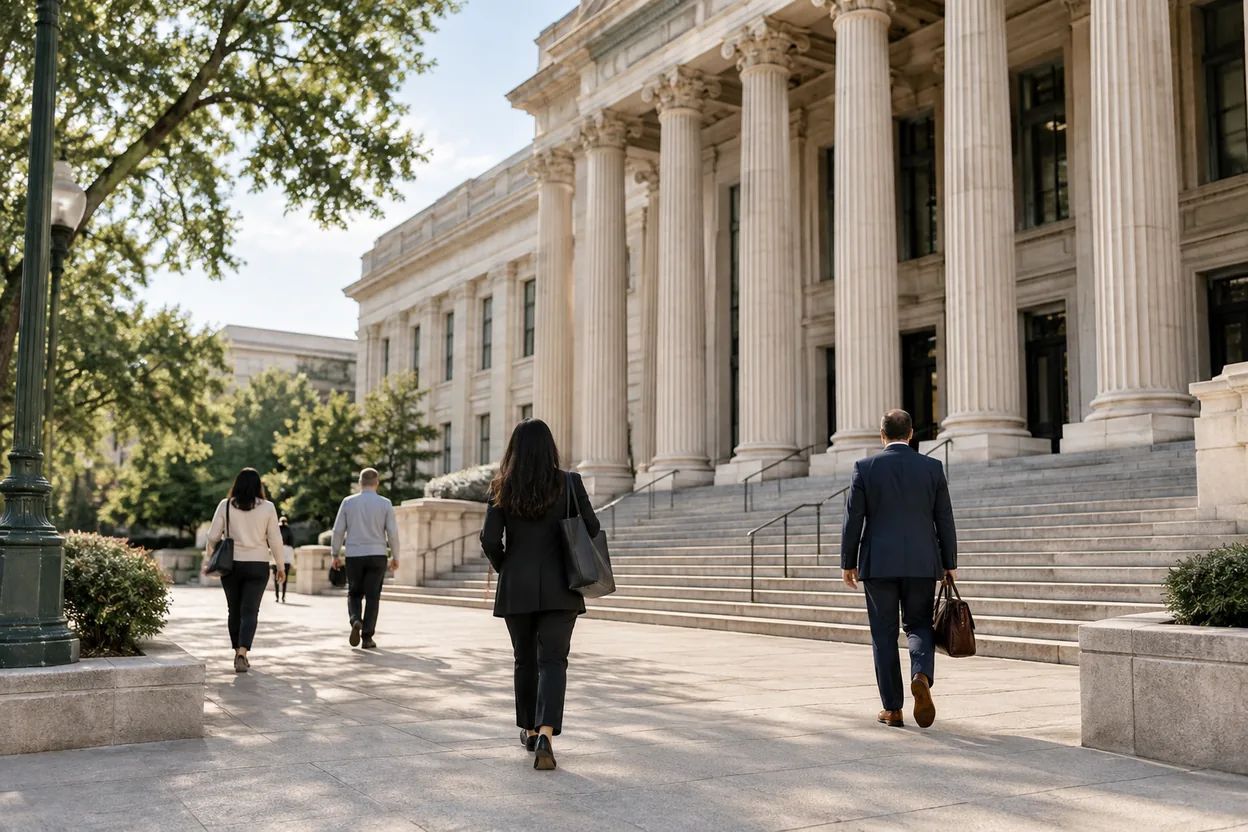 People walk past a columned public building on a clear day.