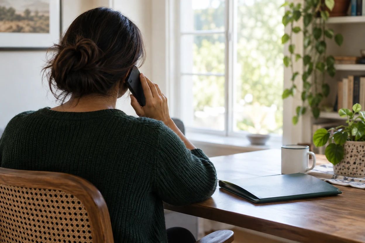 A person seen from behind makes a phone call in a private, bright room.