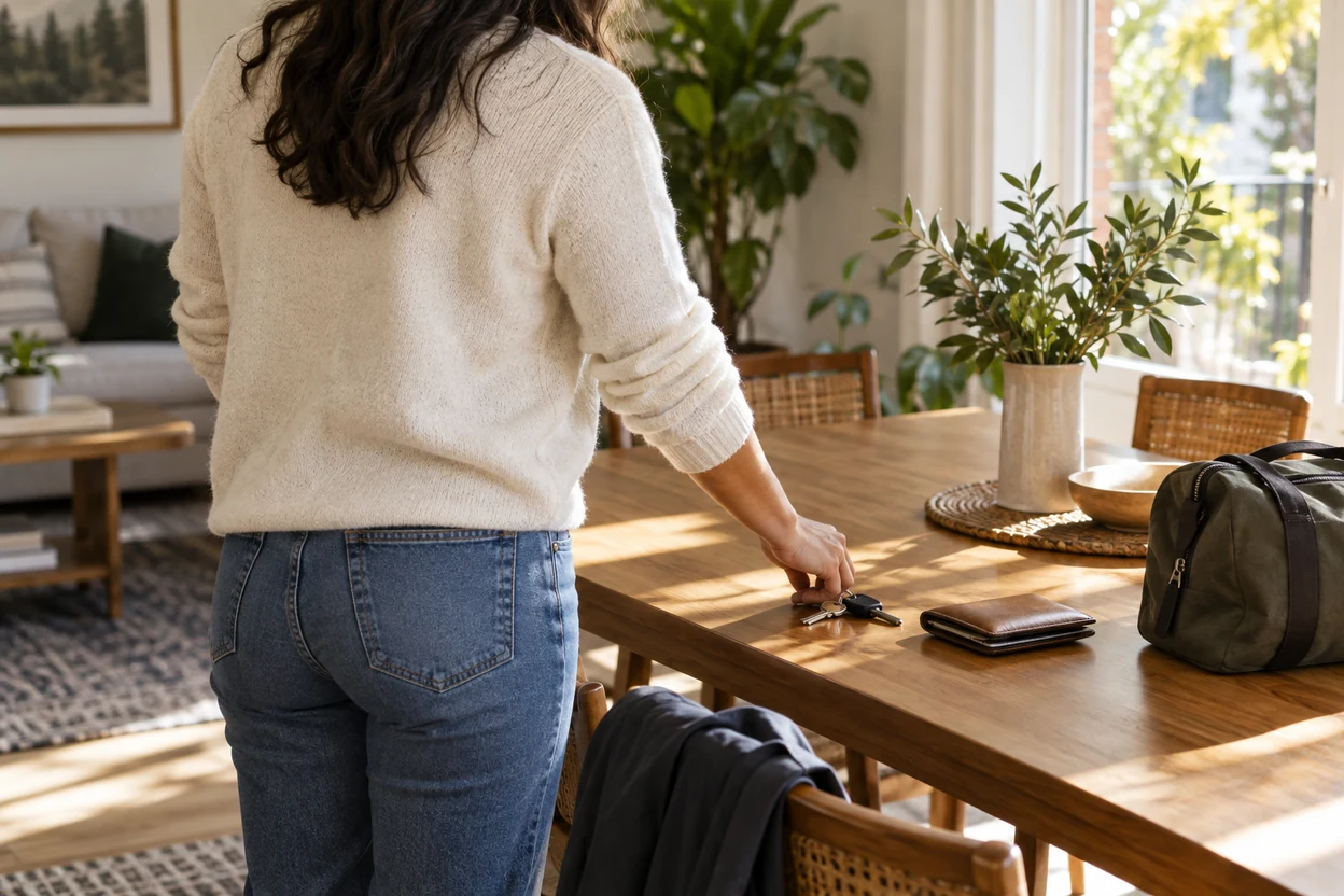 Una mujer coloca llaves junto a una cartera y una bolsa cerradas en casa.