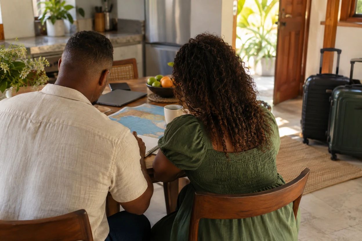 Dos personas conversan en una cocina junto a dos maletas cerradas.