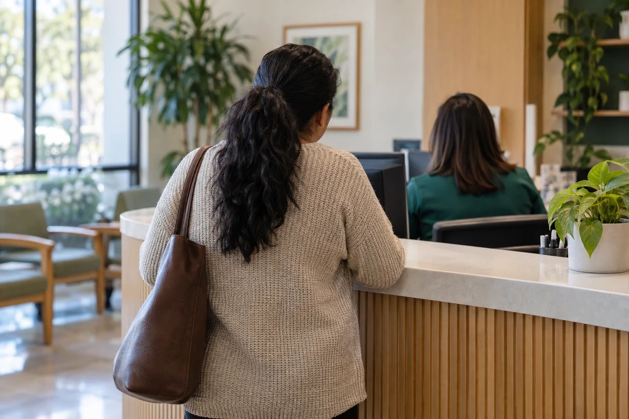A woman speaks with a receptionist in a bright clinic.
