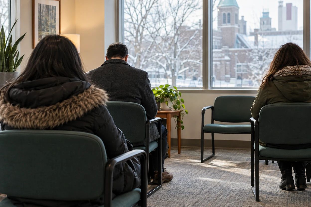 People wait in a bright office wearing winter coats.