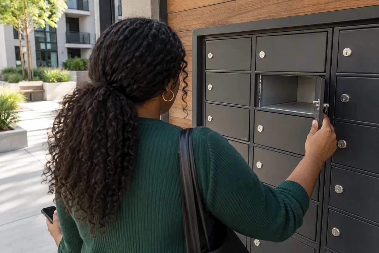 A woman seen from behind opens an empty residential mailbox.