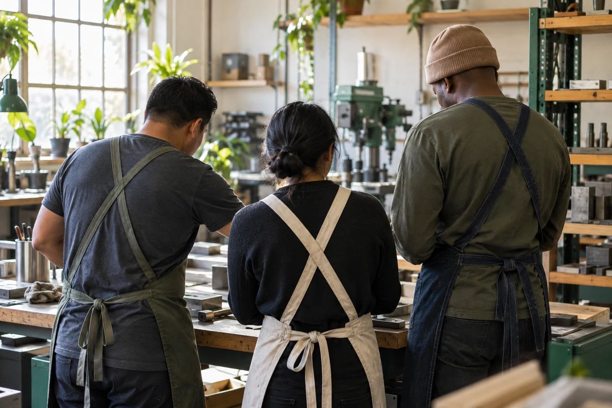 Workers from different backgrounds talk beside a table in a workshop.