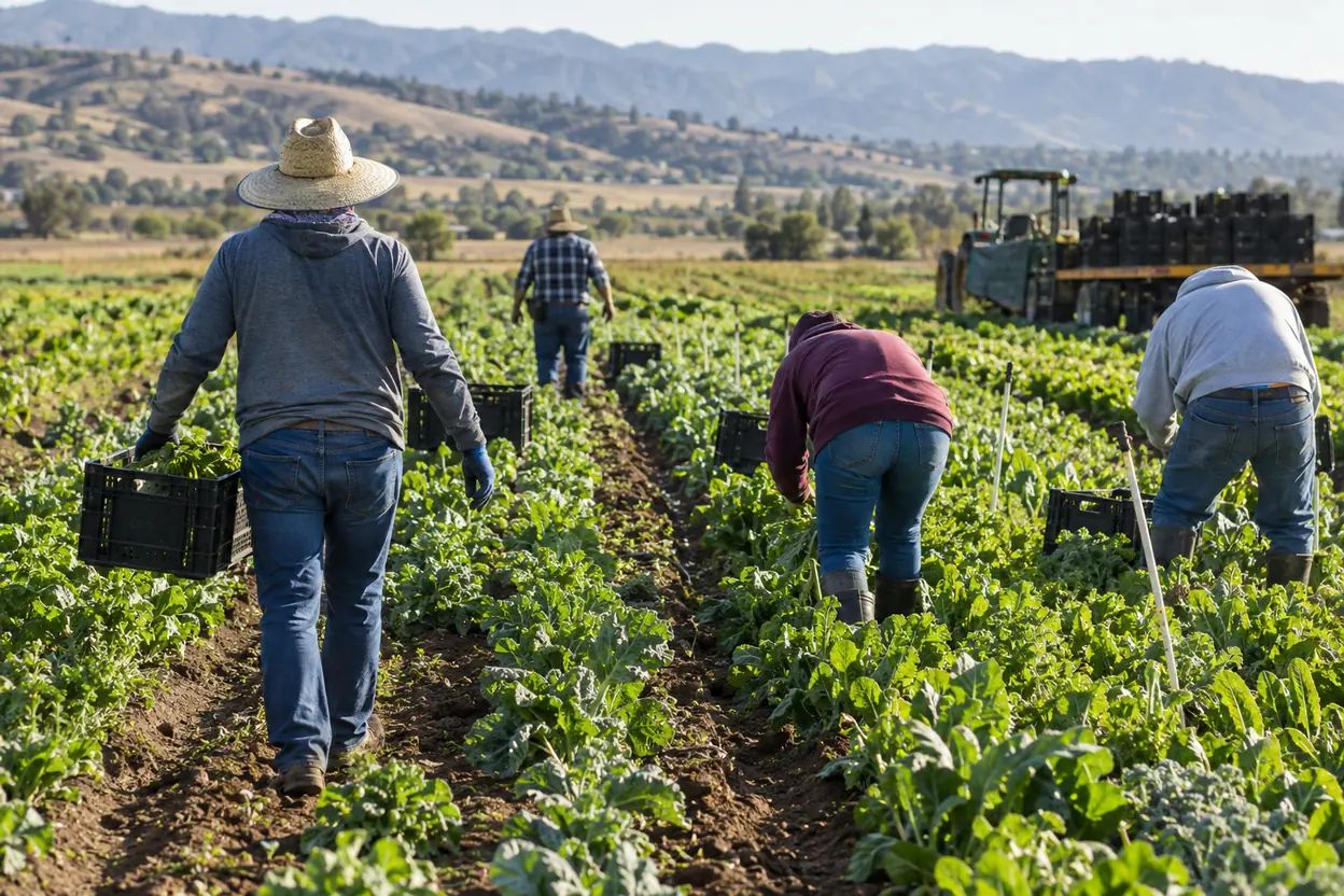 Workers harvest vegetables in a wide field in morning light.