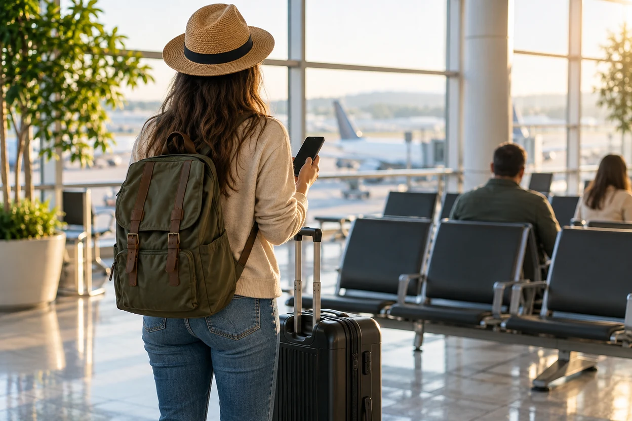 Una viajera revisa su itinerario en el teléfono junto a una maleta cerrada.