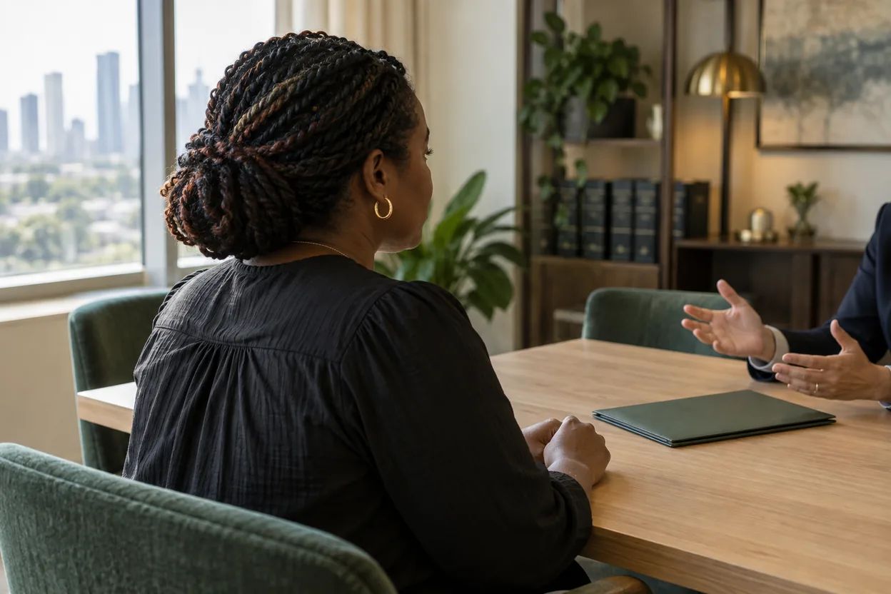 A woman seen from behind listens to a professional at a private consultation.