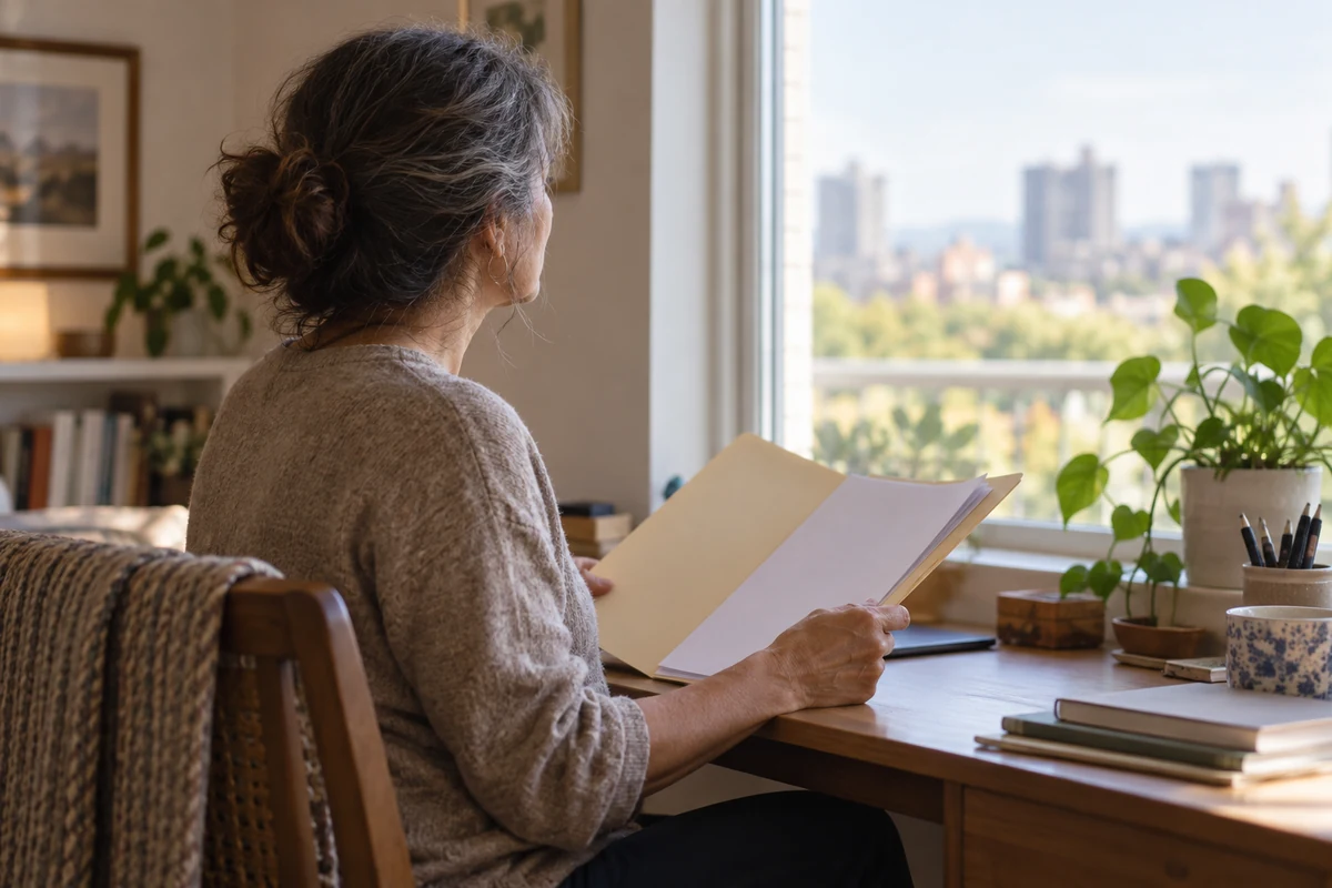 Woman reviewing an open folder of papers at a home desk