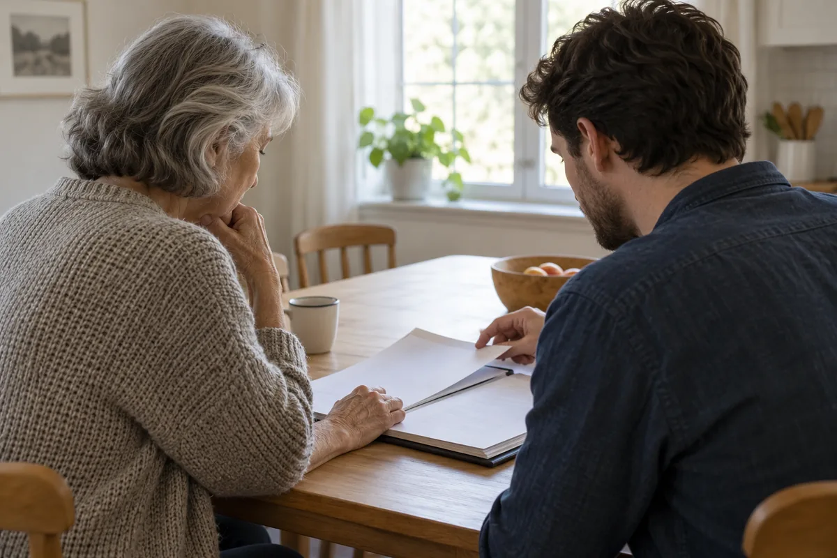 Two adults reviewing papers together at a table from the side