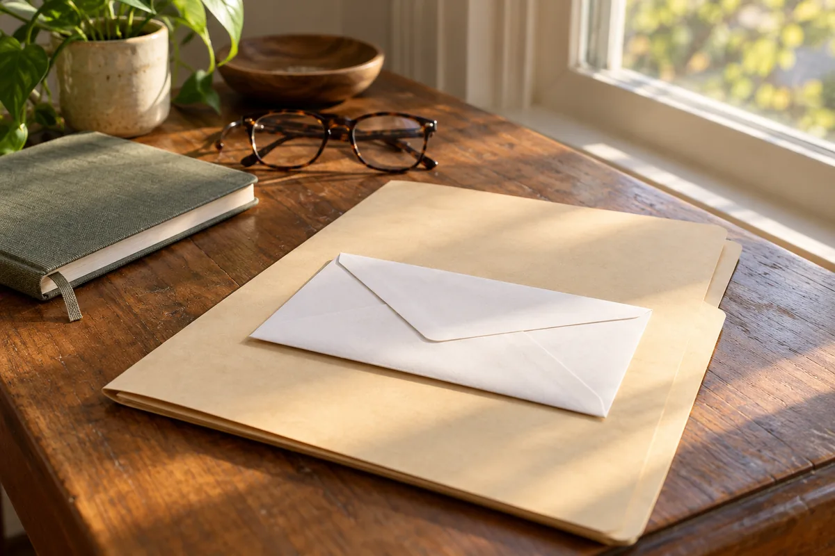 Closed folder and envelope on a wooden table beside a notebook