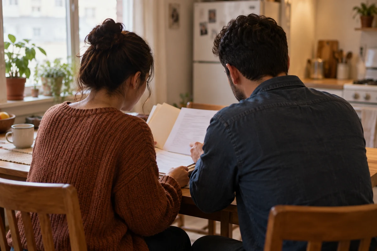 Married couple reviewing paperwork together at a kitchen table