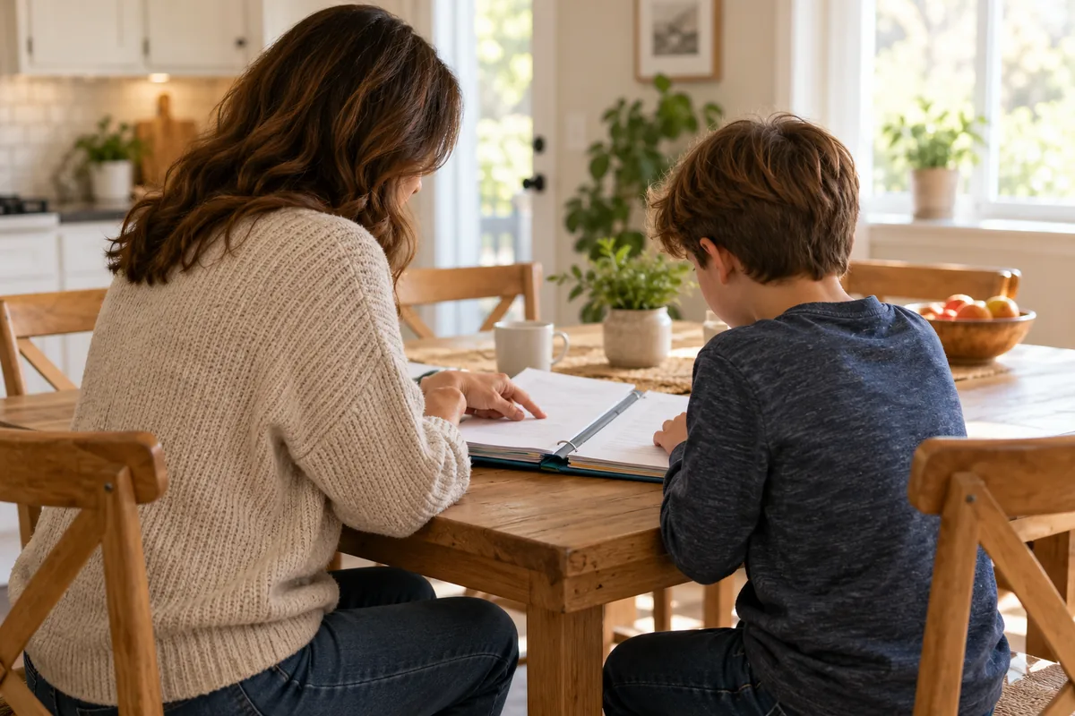 Stepparent and school age child reviewing papers together at a table