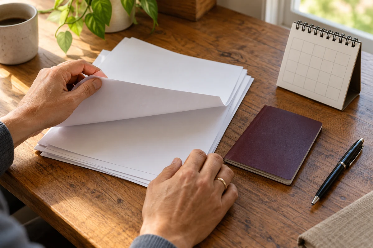 Hands sorting papers and a passport beside a blank calendar