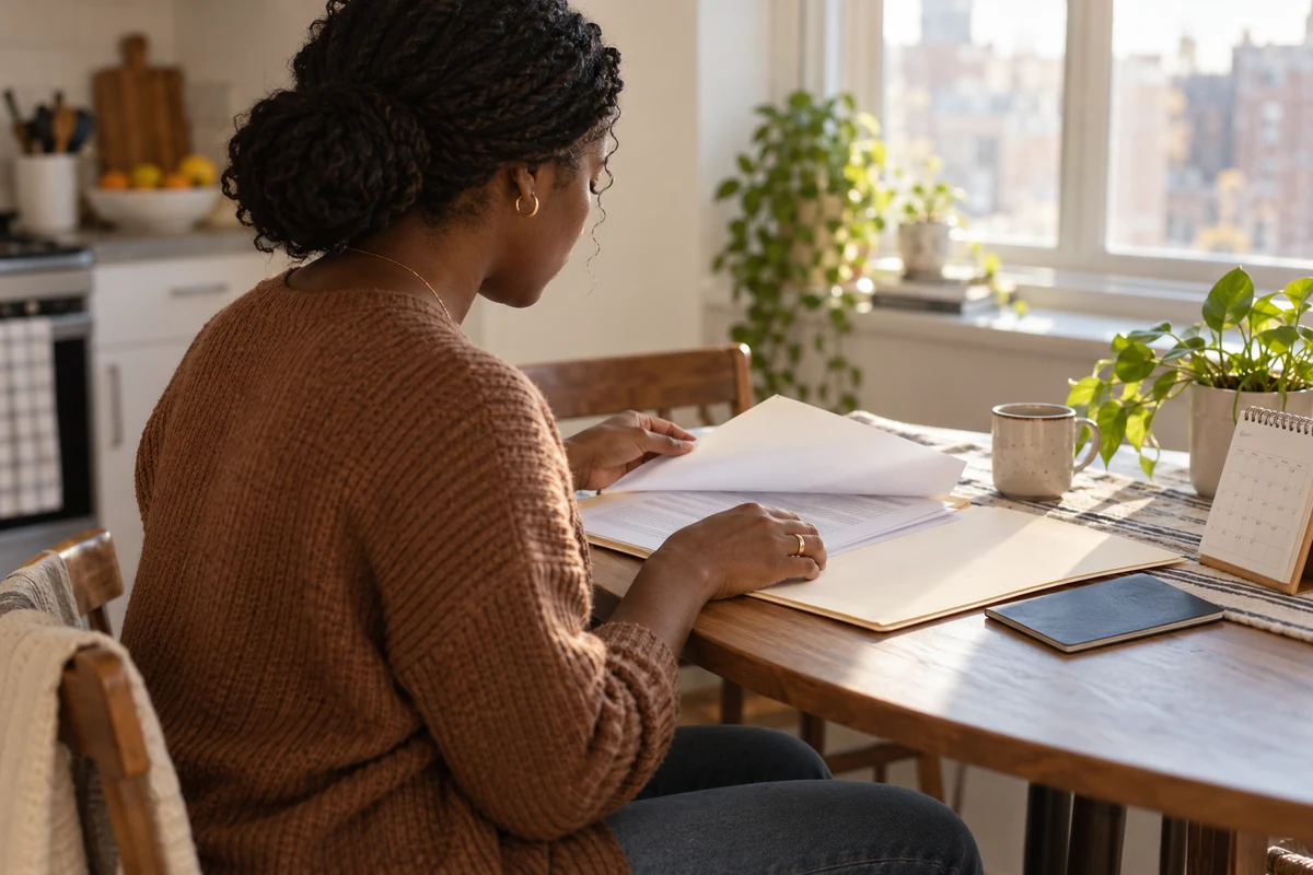 Woman reviewing immigration papers and a passport at her kitchen table