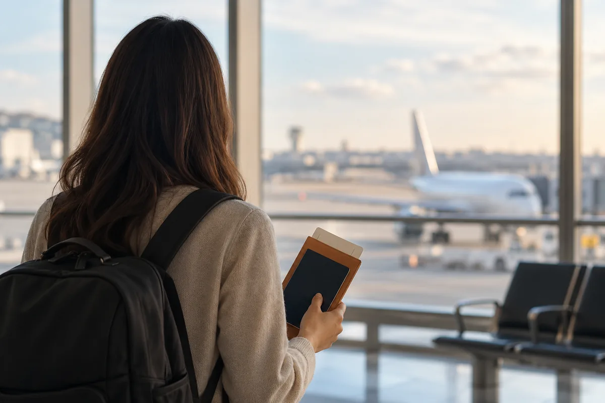 Traveler seen from behind holding a passport at an airport window