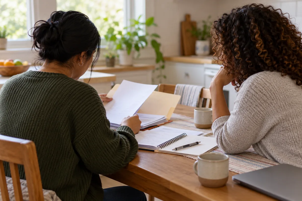 Two people reviewing immigration papers together at a kitchen table
