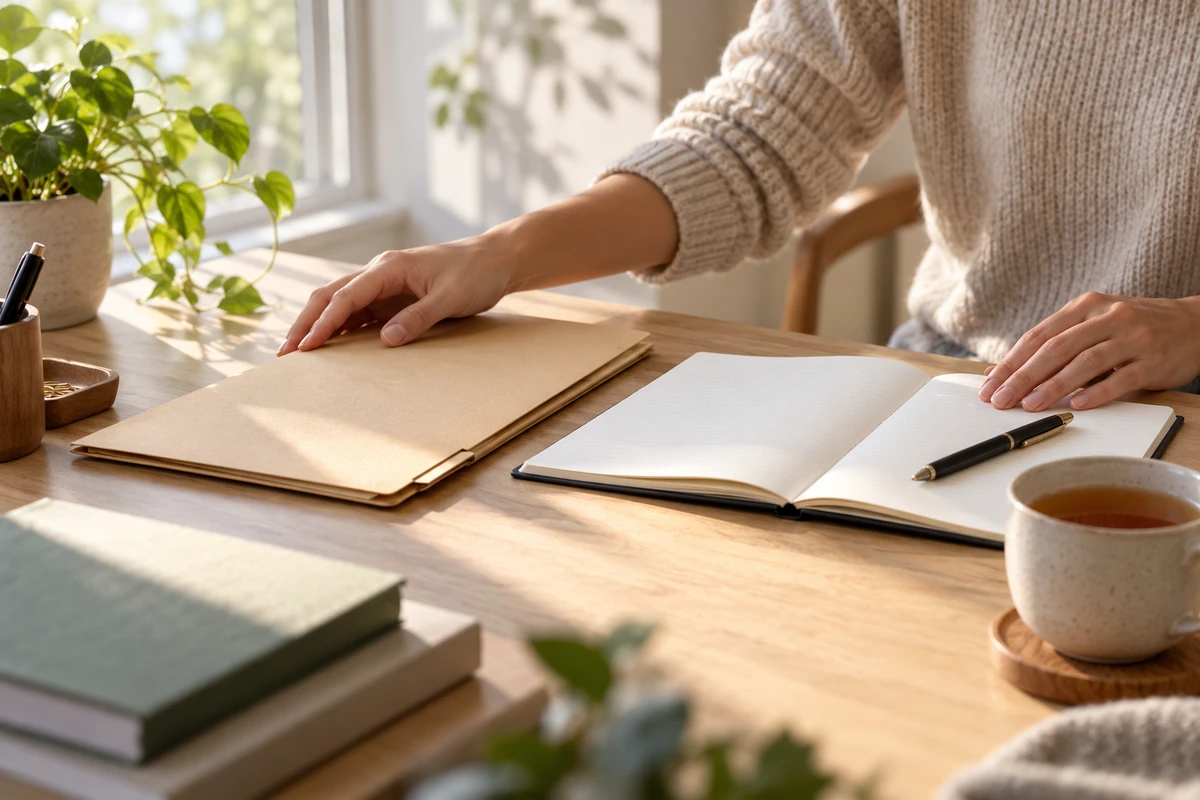 Hands organizing a folder and notebook beside a window on a desk