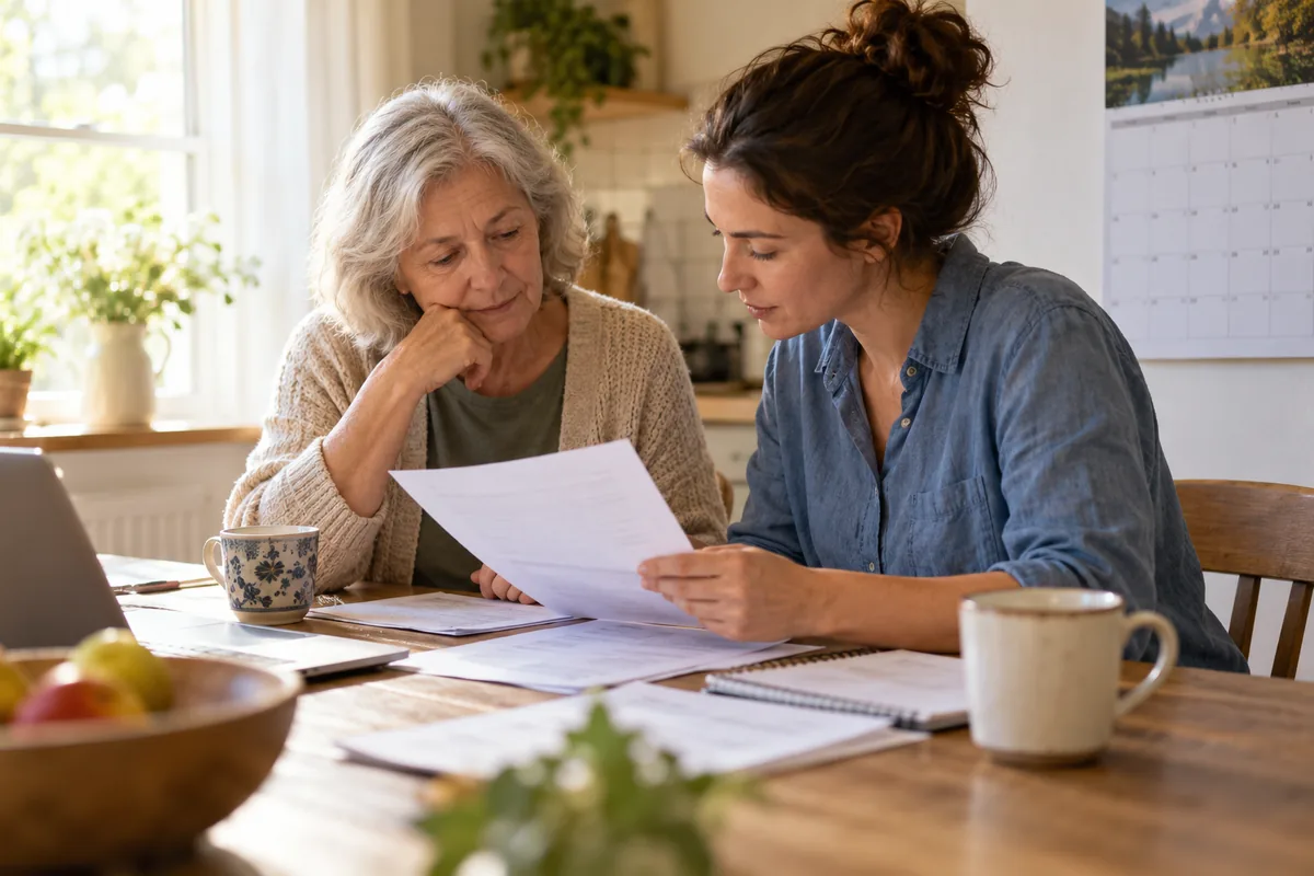 Parent and adult child reviewing immigration papers at a kitchen table