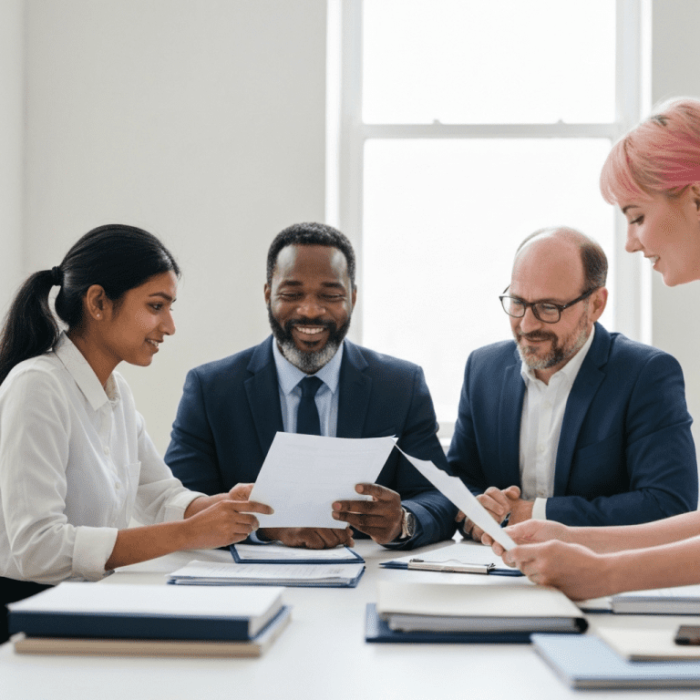 Diverse immigrant workers and a lawyer review documents at a bright desk.
