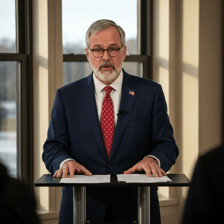 Portrait of a government official at a lectern announcing immigration enforcement measures, warm light, documentary style.