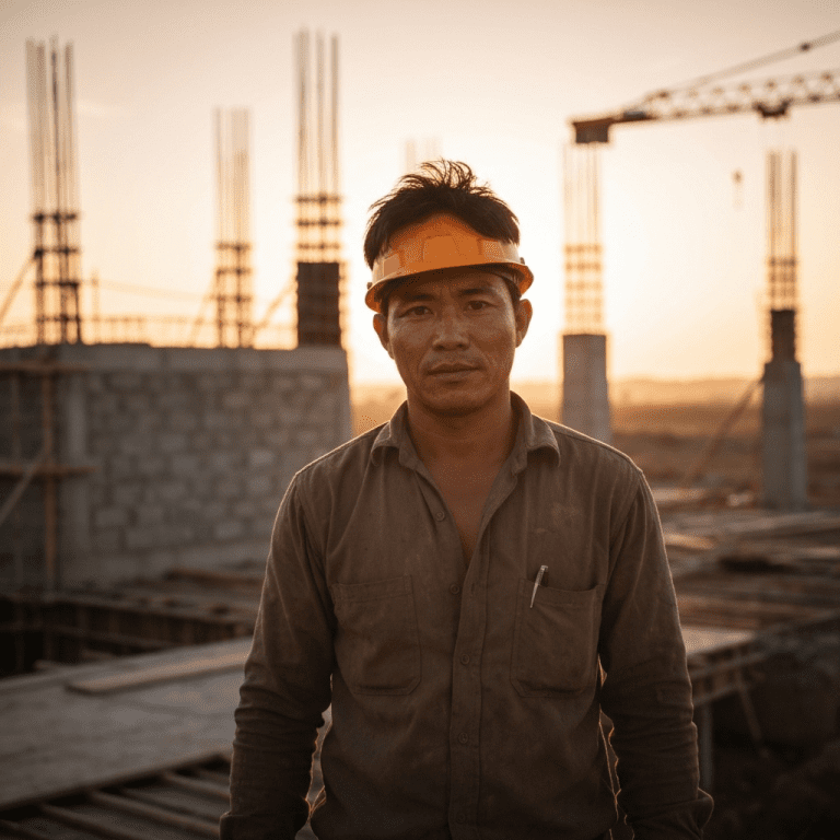 Retrato de un trabajador migrante en una obra de construcción, esperanzado y decidido.