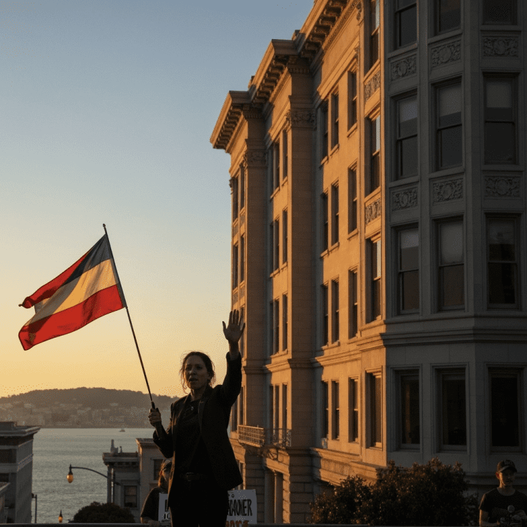 Portrait of a San Francisco protest leader outside a federal building near a Coast Guard base during golden hour.