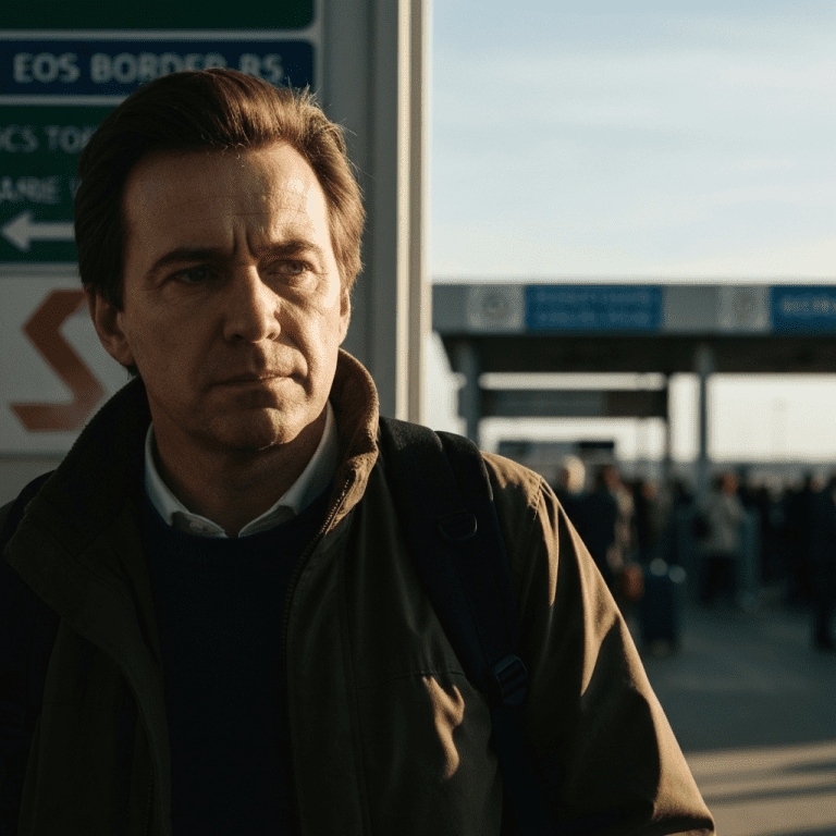 Portrait of a weary traveler at a border crossing, with soft side light and shallow depth of field.
